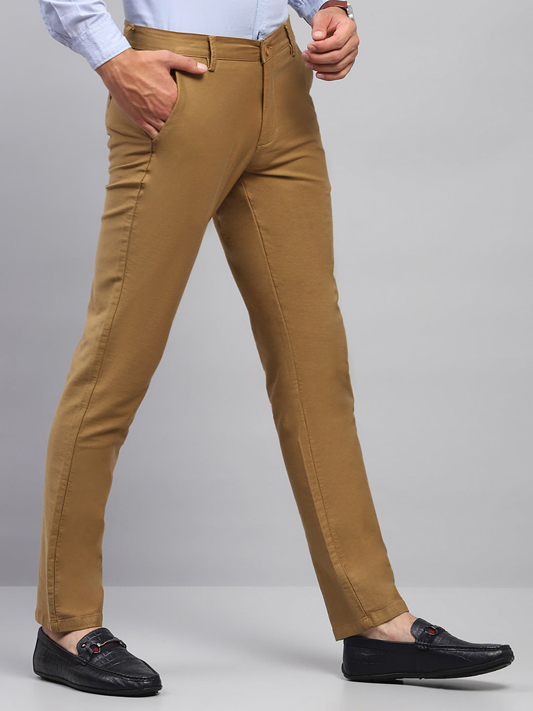 Men Khaki Solid Regular Fit Trouser