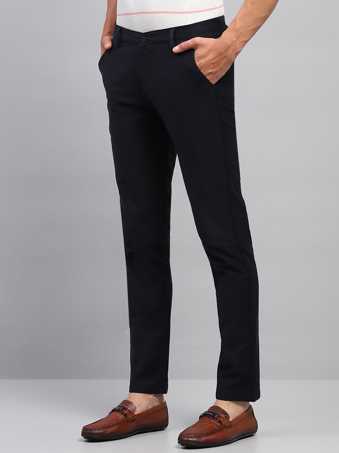 Men Navy Blue Solid Regular Fit Trouser