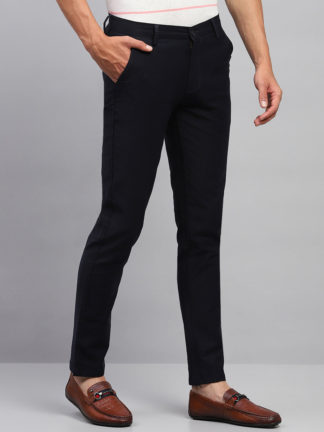 Men Navy Blue Solid Regular Fit Trouser