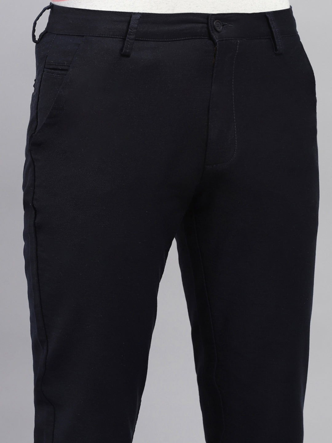 Men Navy Blue Solid Regular Fit Trouser