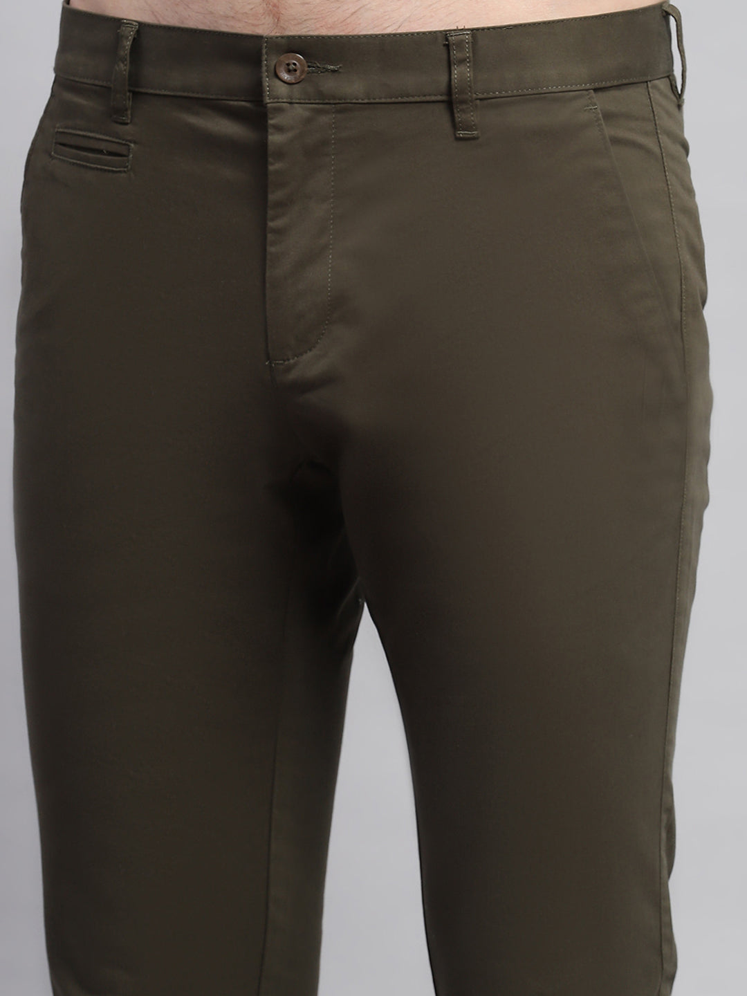 Men Olive Solid Regular Fit Trouser