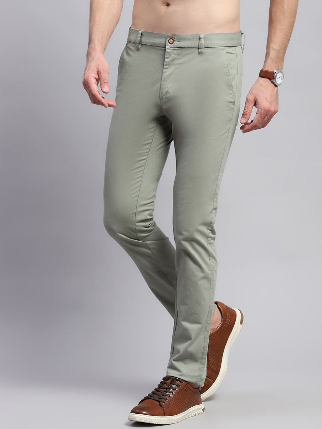 Men Green Solid Regular Fit Trouser