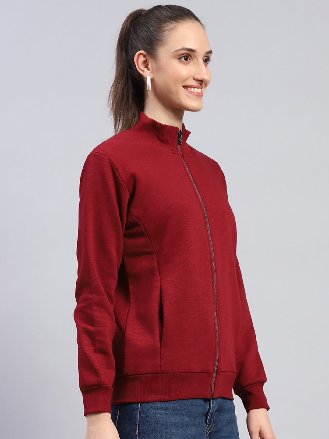 Women Maroon Solid Mock Neck Full Sleeve Sweatshirt