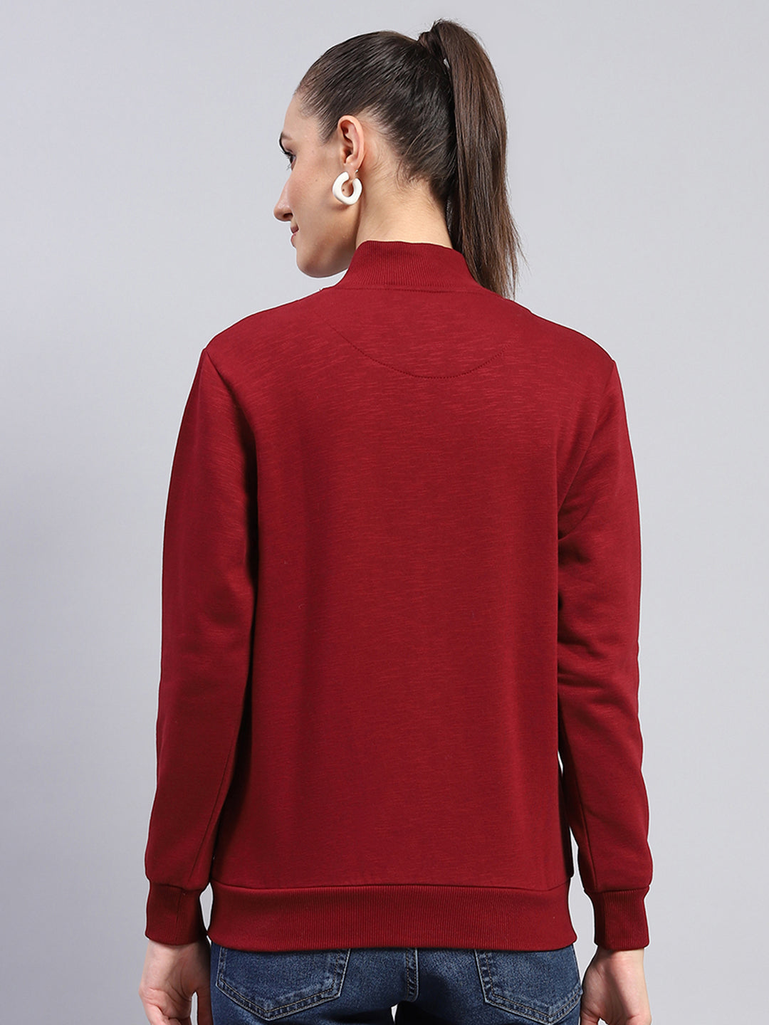 Women Maroon Solid Mock Neck Full Sleeve Sweatshirt