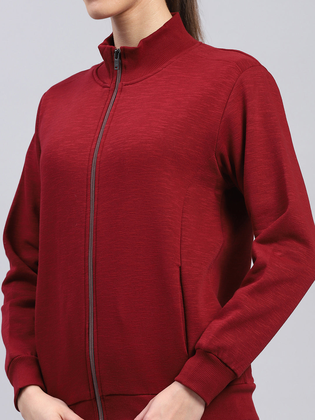 Women Maroon Solid Mock Neck Full Sleeve Sweatshirt