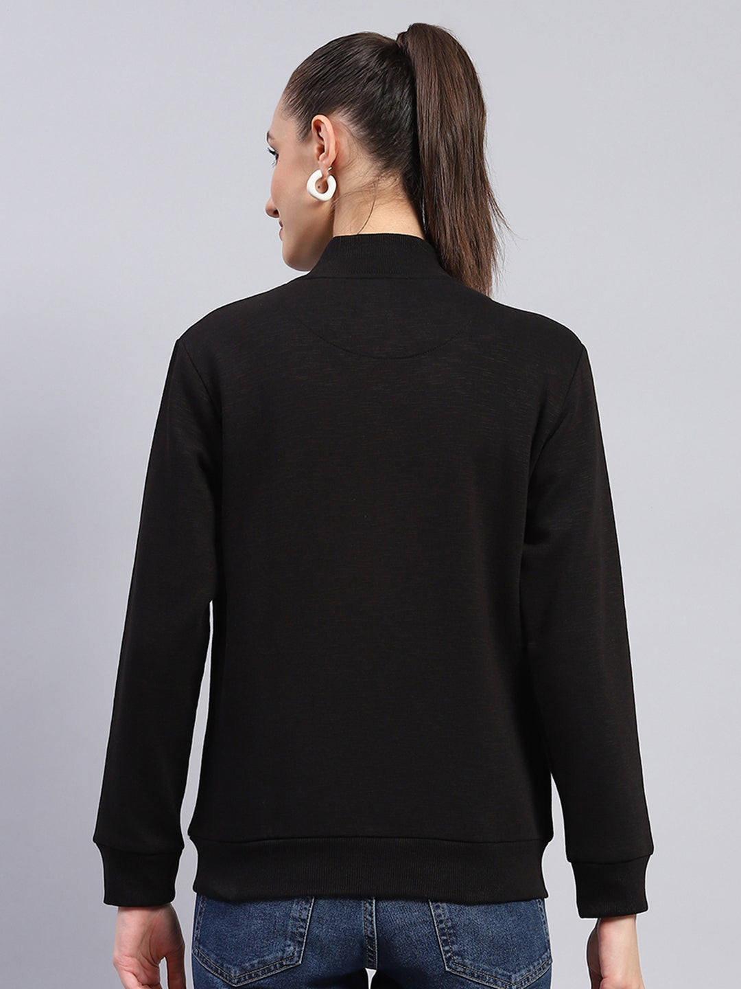 Women Black Solid Mock Neck Full Sleeve Sweatshirt