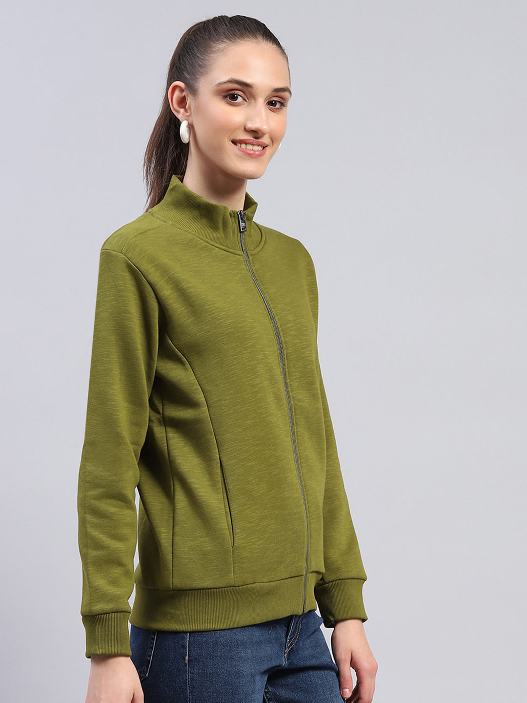 Women Green Solid Mock Neck Full Sleeve Sweatshirt