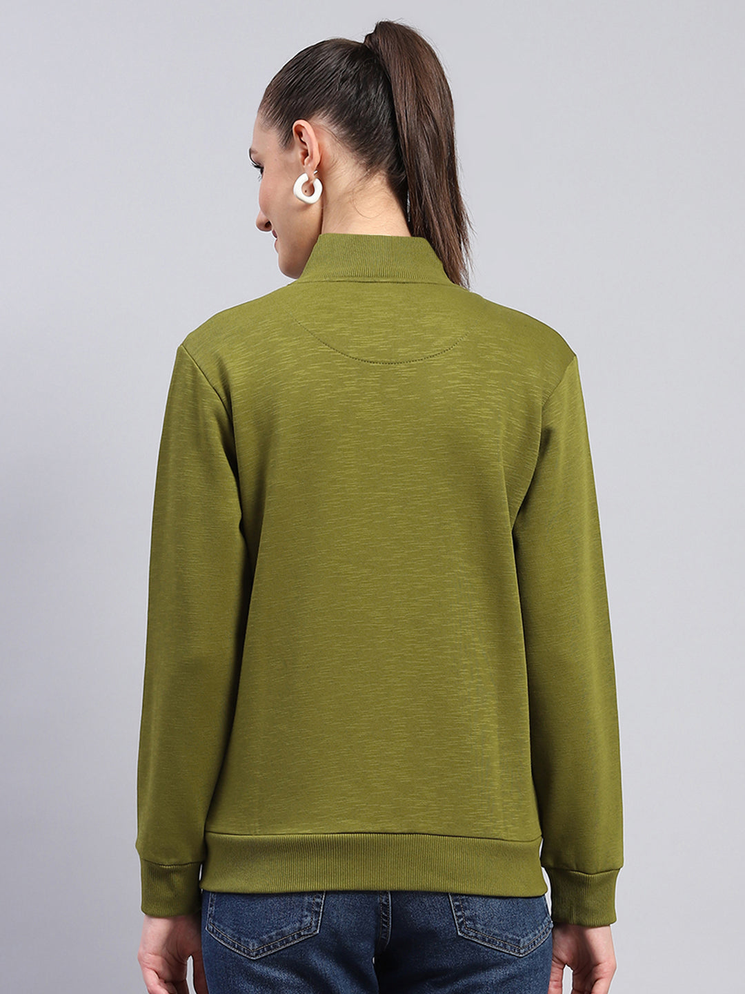 Women Green Solid Mock Neck Full Sleeve Sweatshirt