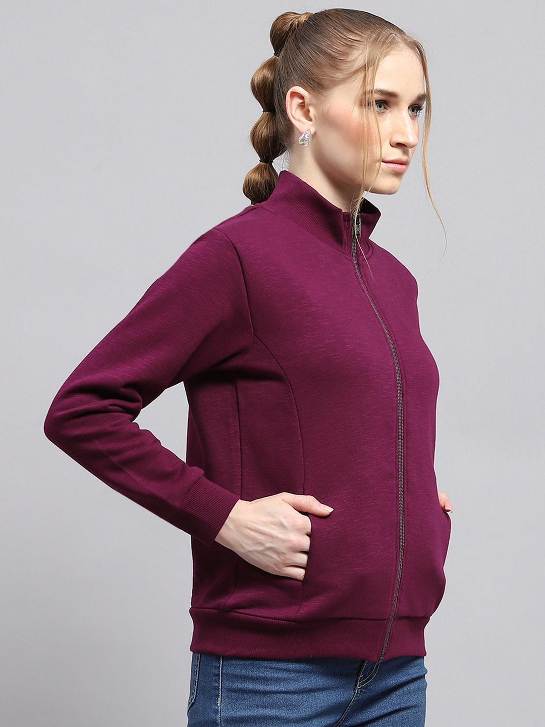 Women Burgundy Solid Mock Neck Full Sleeve Sweatshirt