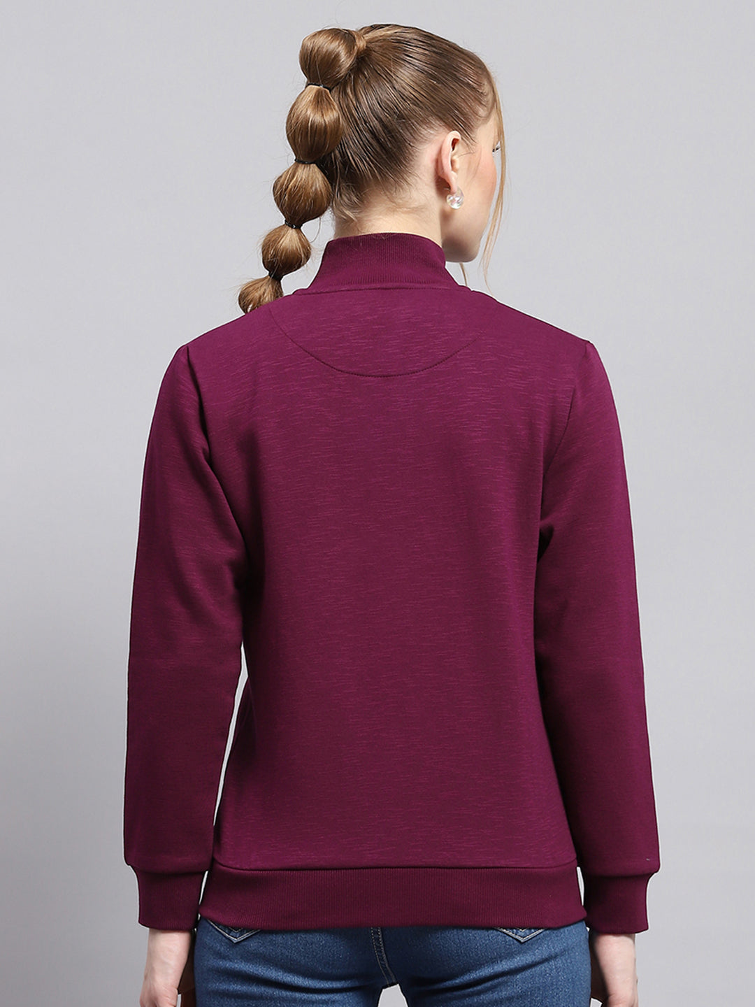 Women Burgundy Solid Mock Neck Full Sleeve Sweatshirt