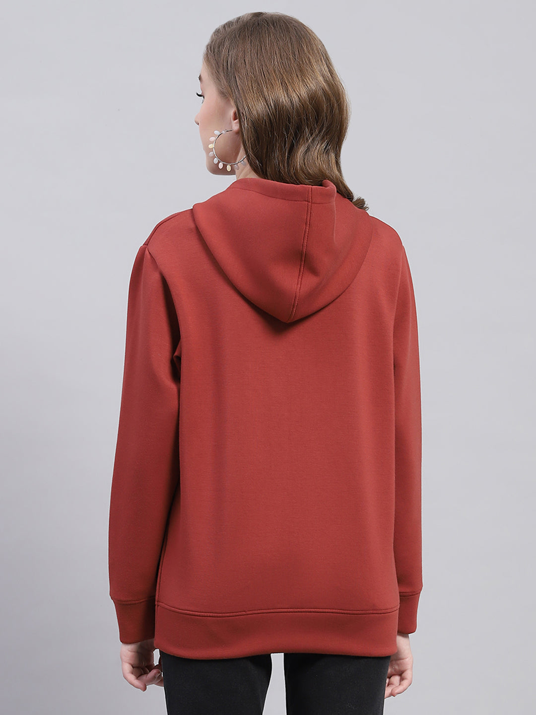 Women Rust Solid Hooded Full Sleeve Sweatshirt