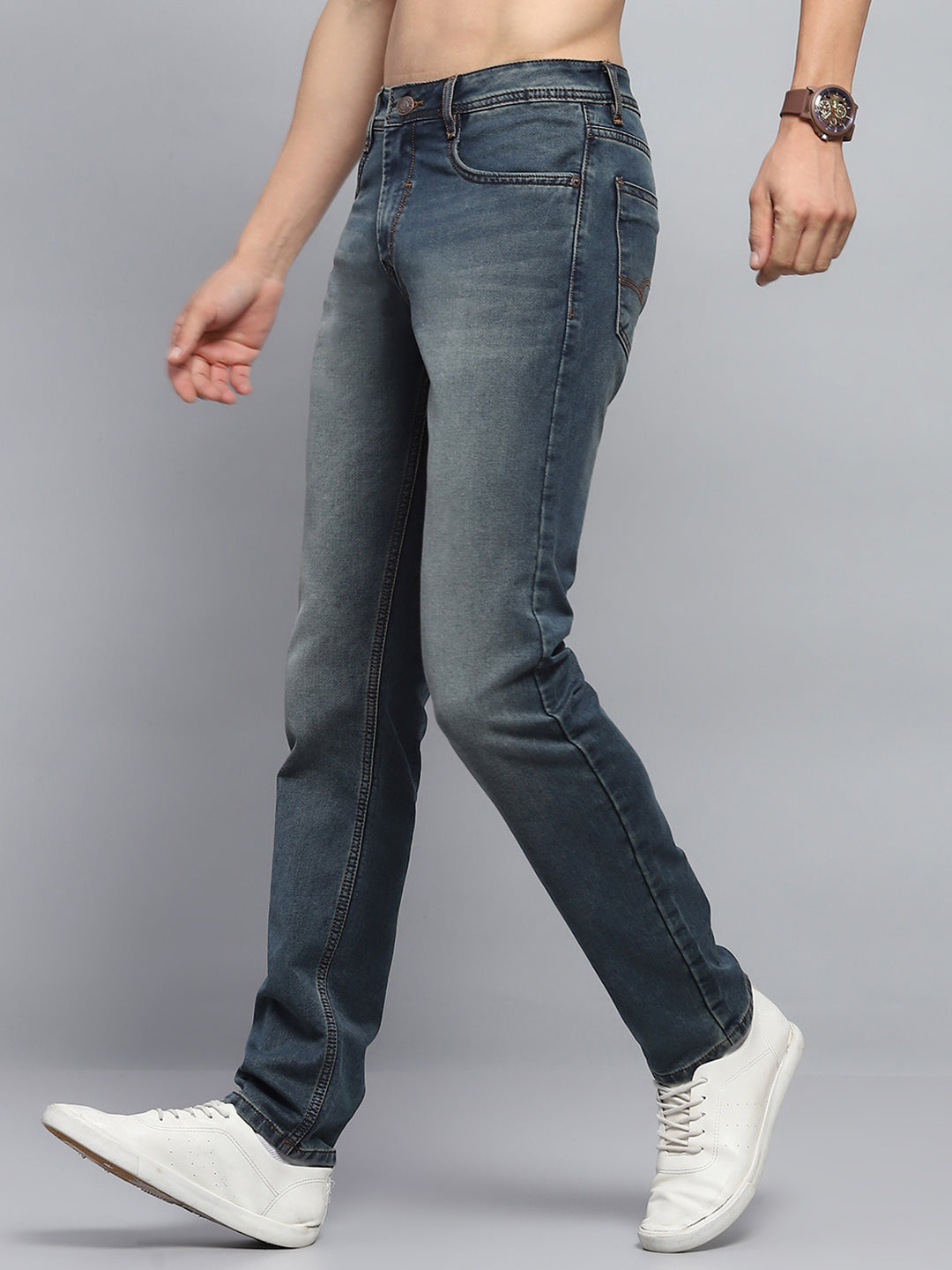 Men Blue Solid Narrow Fit Denim