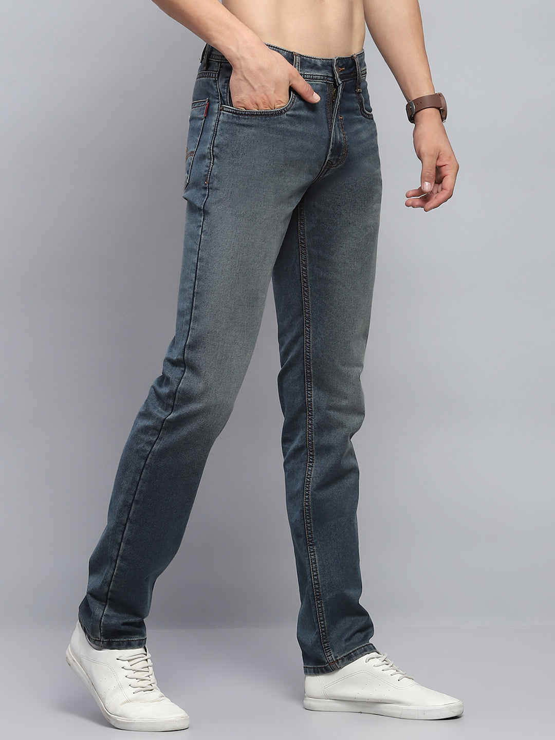 Men Blue Solid Narrow Fit Denim