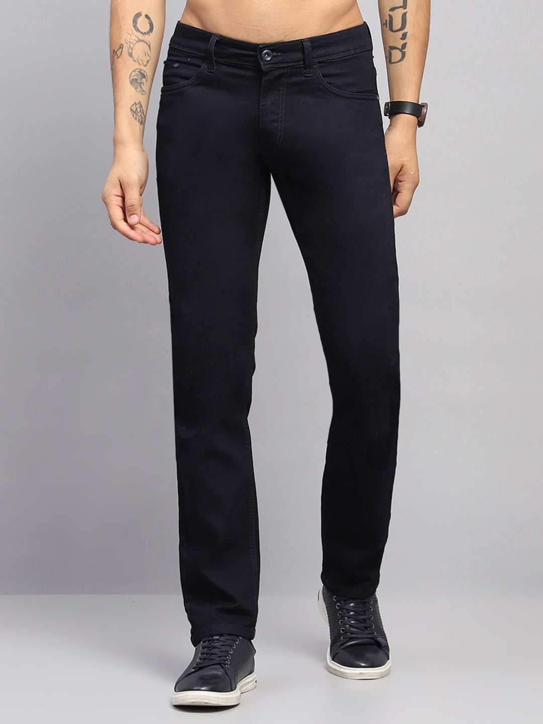 Men Navy Blue Solid Narrow Fit Denim