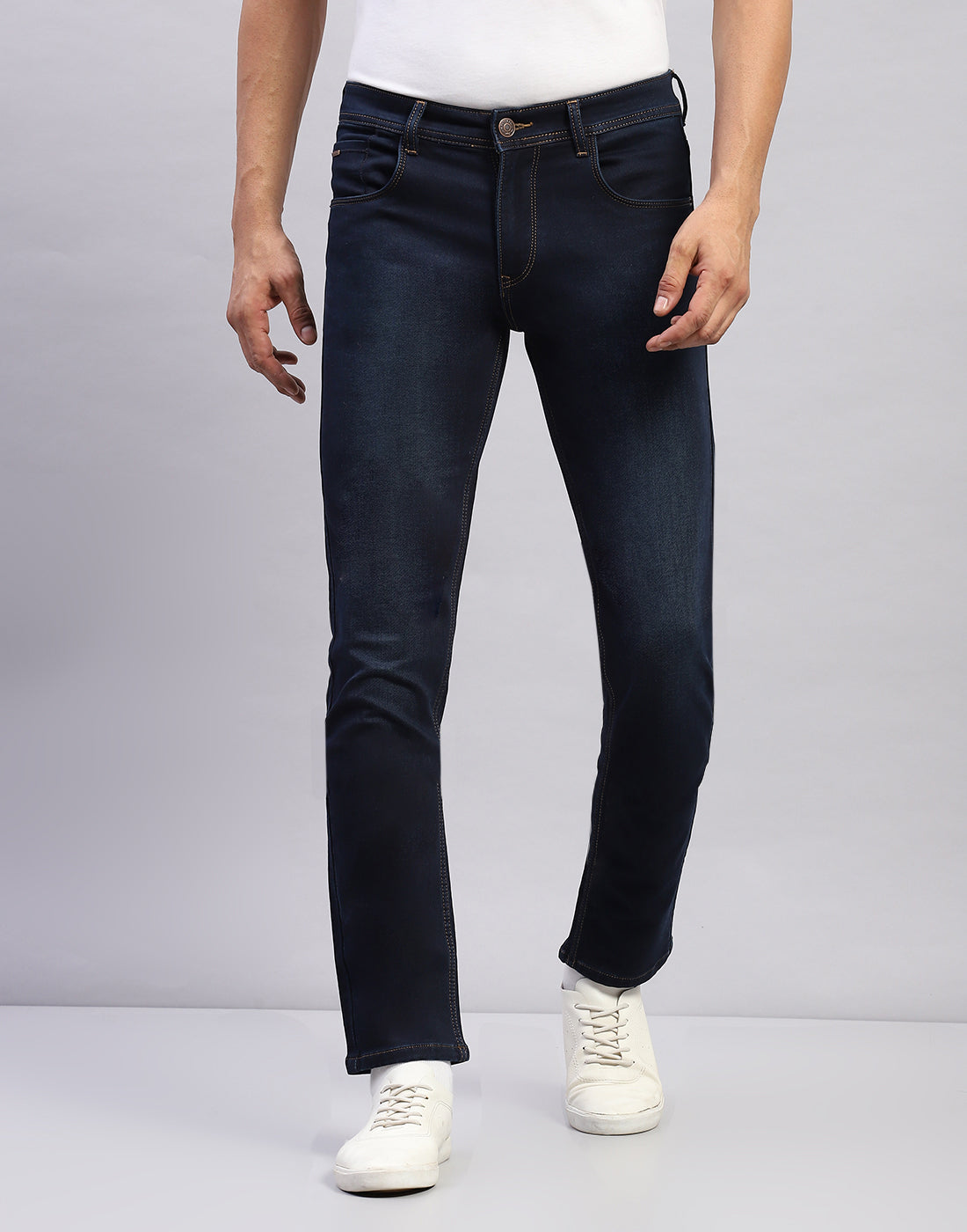 Men Dark Blue Light Wash Narrow Fit Denim