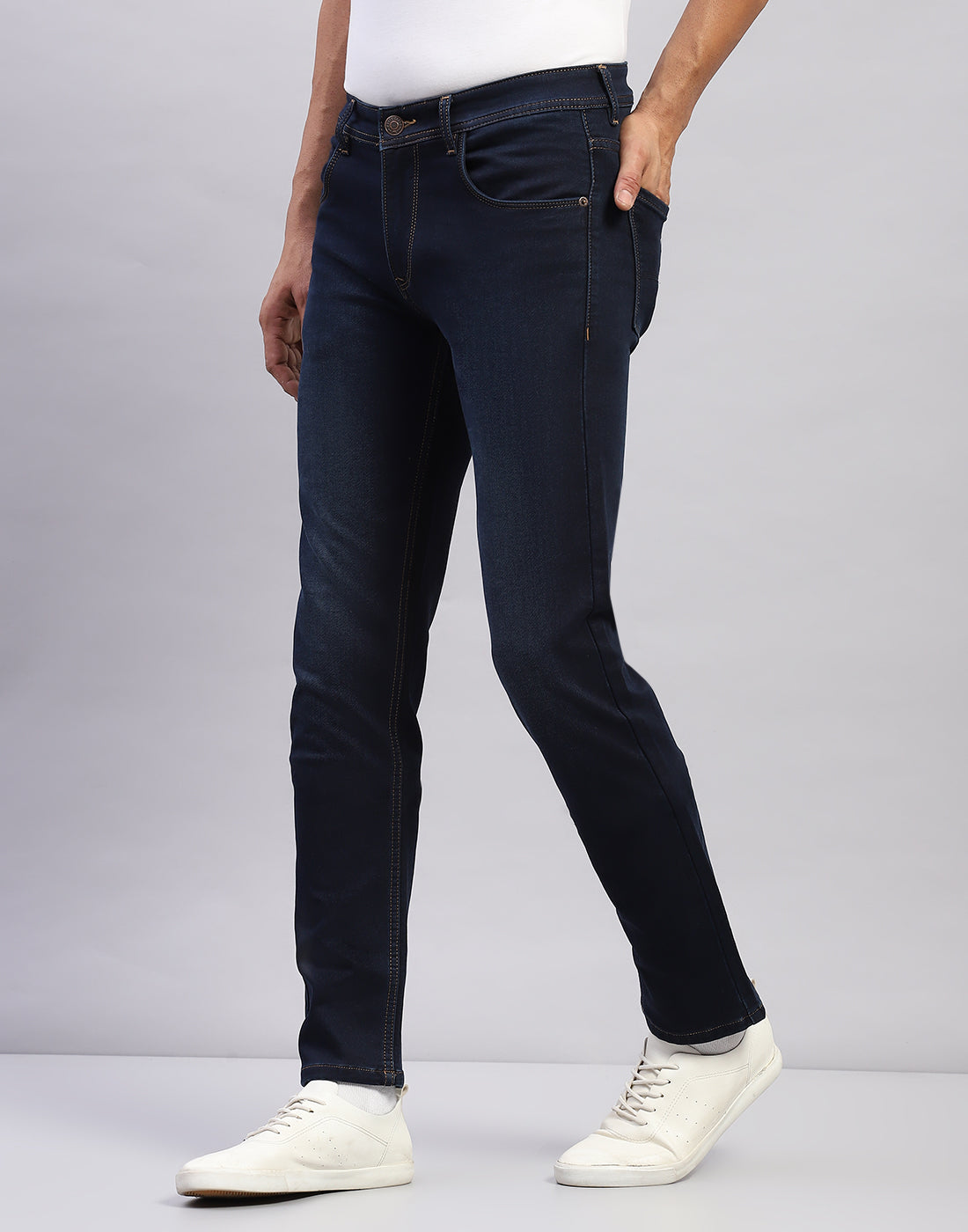 Men Dark Blue Light Wash Narrow Fit Denim