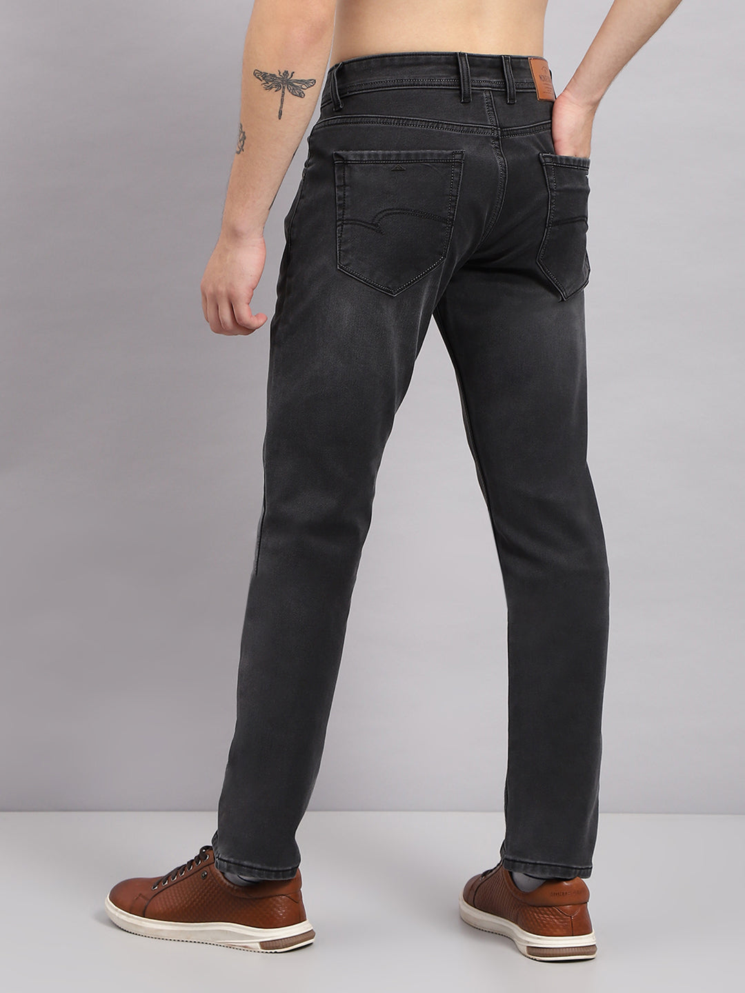 Men Grey Solid Straight Fit Denim