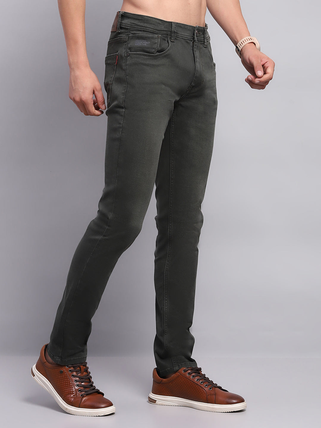 Men Olive Solid Skinny Fit Denim