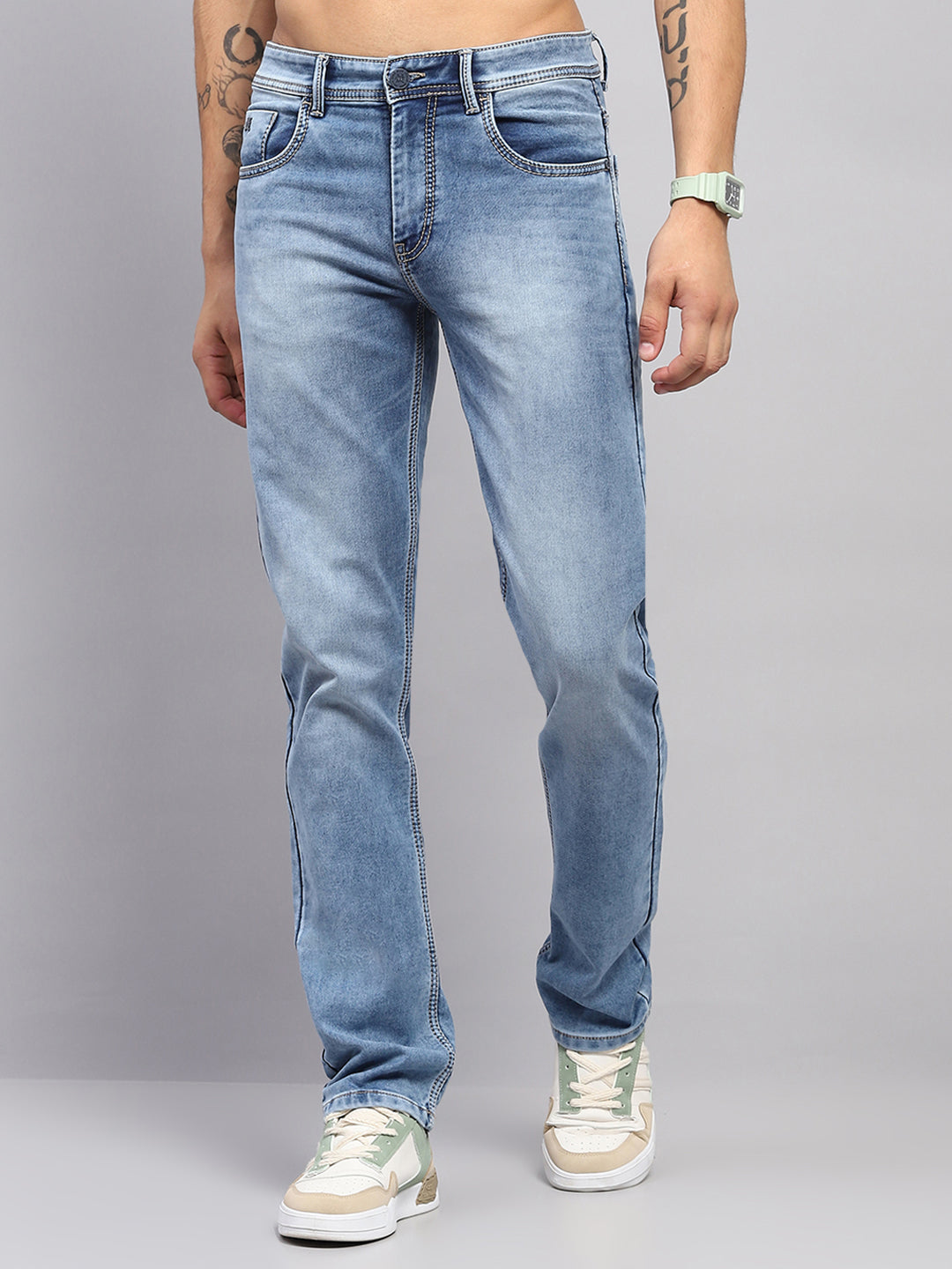 Men Blue Solid Straight Fit Denim