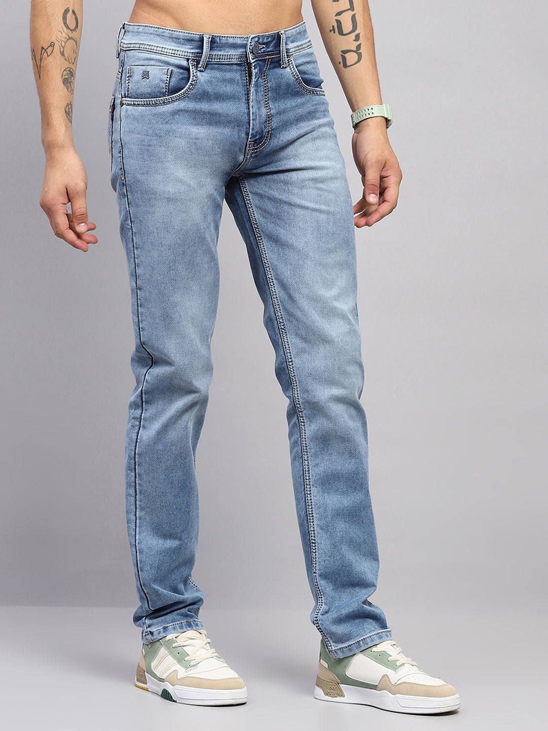 Men Blue Solid Straight Fit Denim