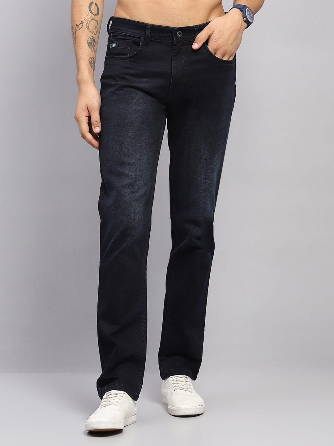 Men Blue Solid Straight Fit Denim