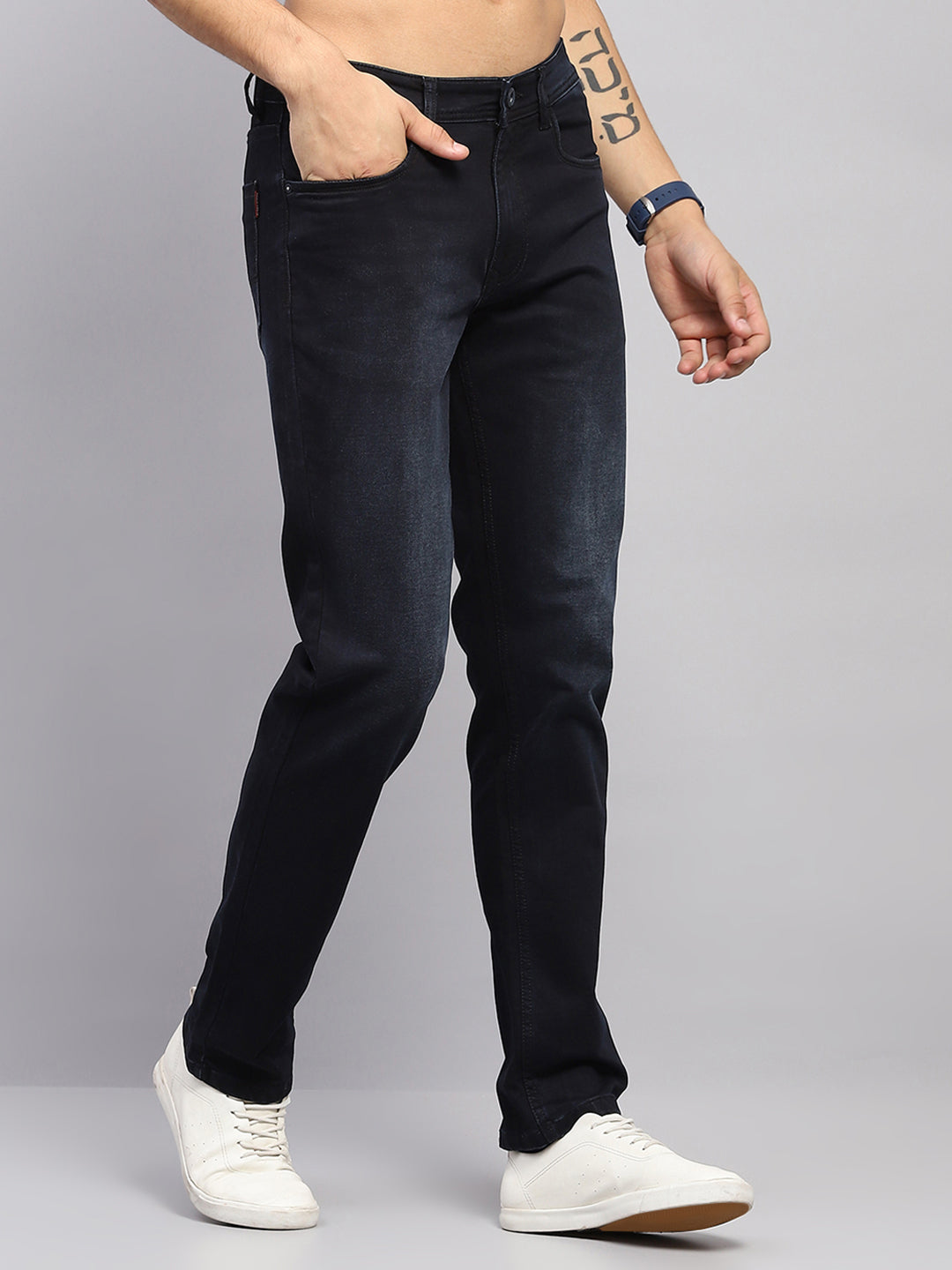 Men Blue Solid Straight Fit Denim