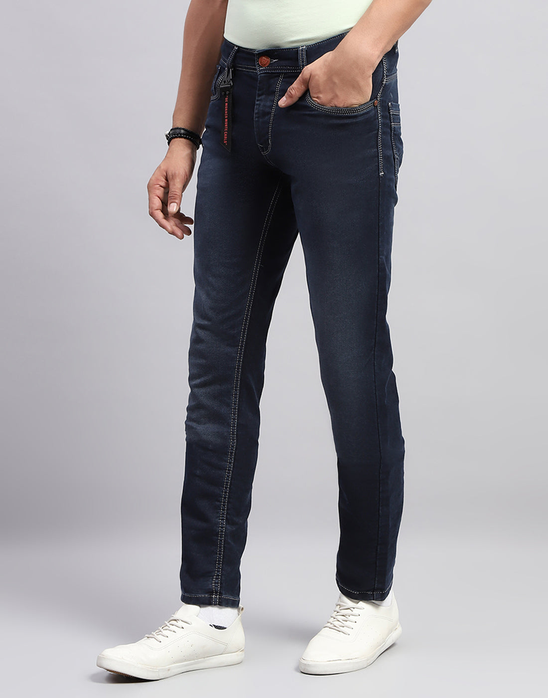 Men Dark Blue Light Wash Narrow Fit Denim