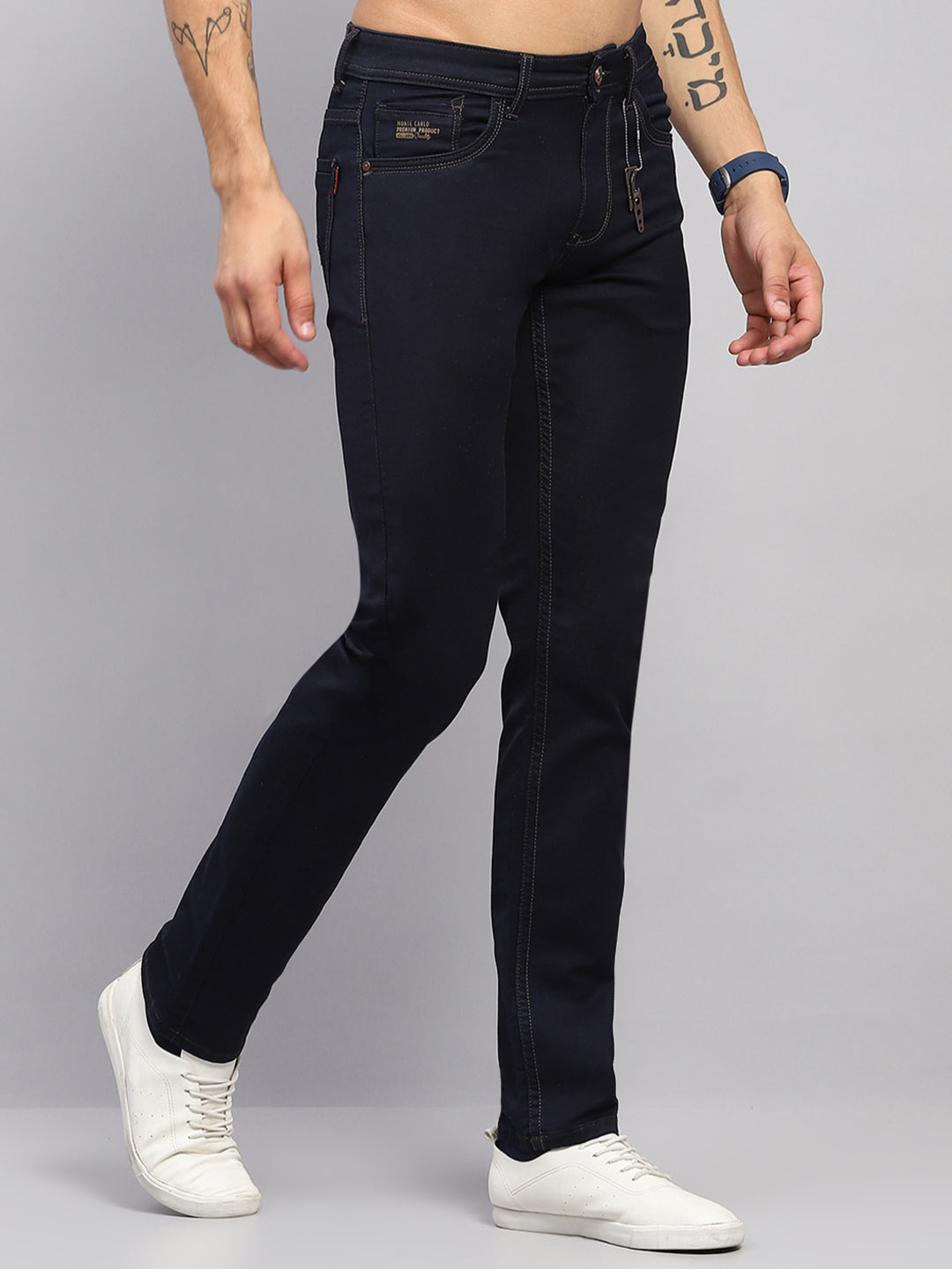 Men Navy Blue Solid Narrow Fit Denim