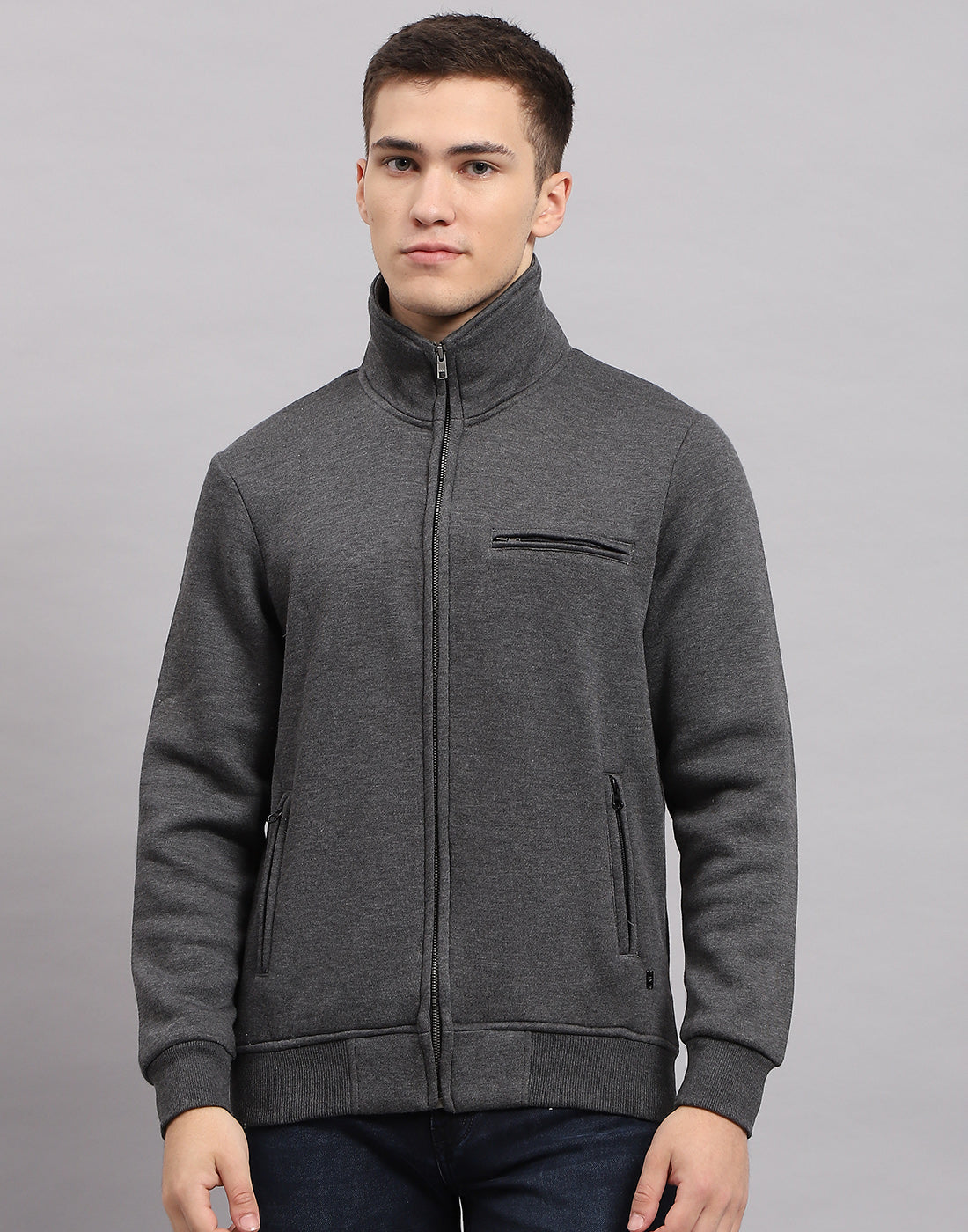 Men Grey Solid High Neck Full Sleeve Sweatshirt