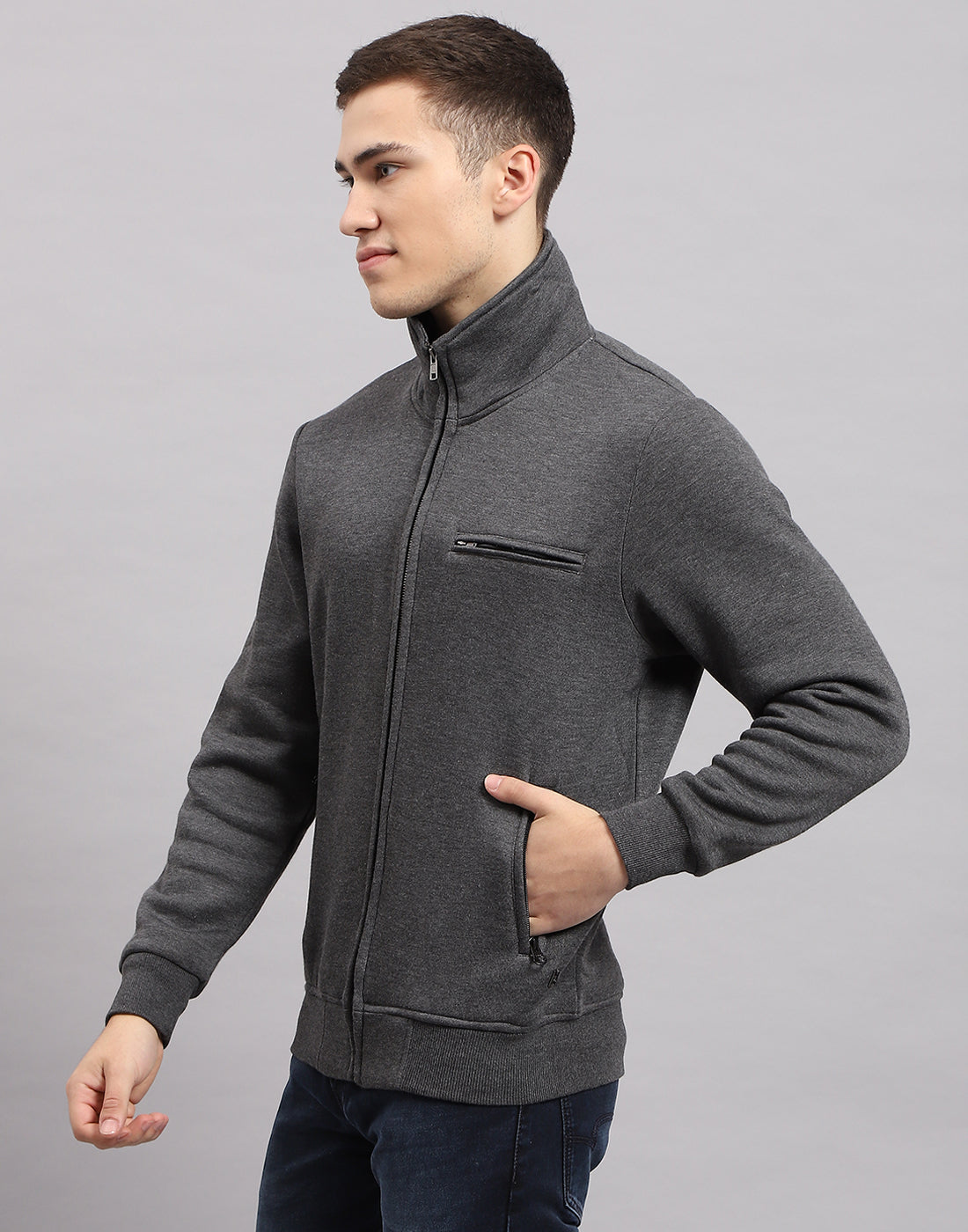 Men Grey Solid High Neck Full Sleeve Sweatshirt