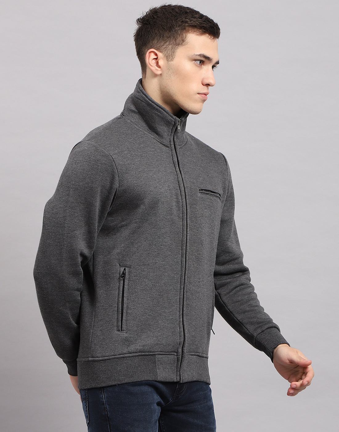 Men Grey Solid High Neck Full Sleeve Sweatshirt