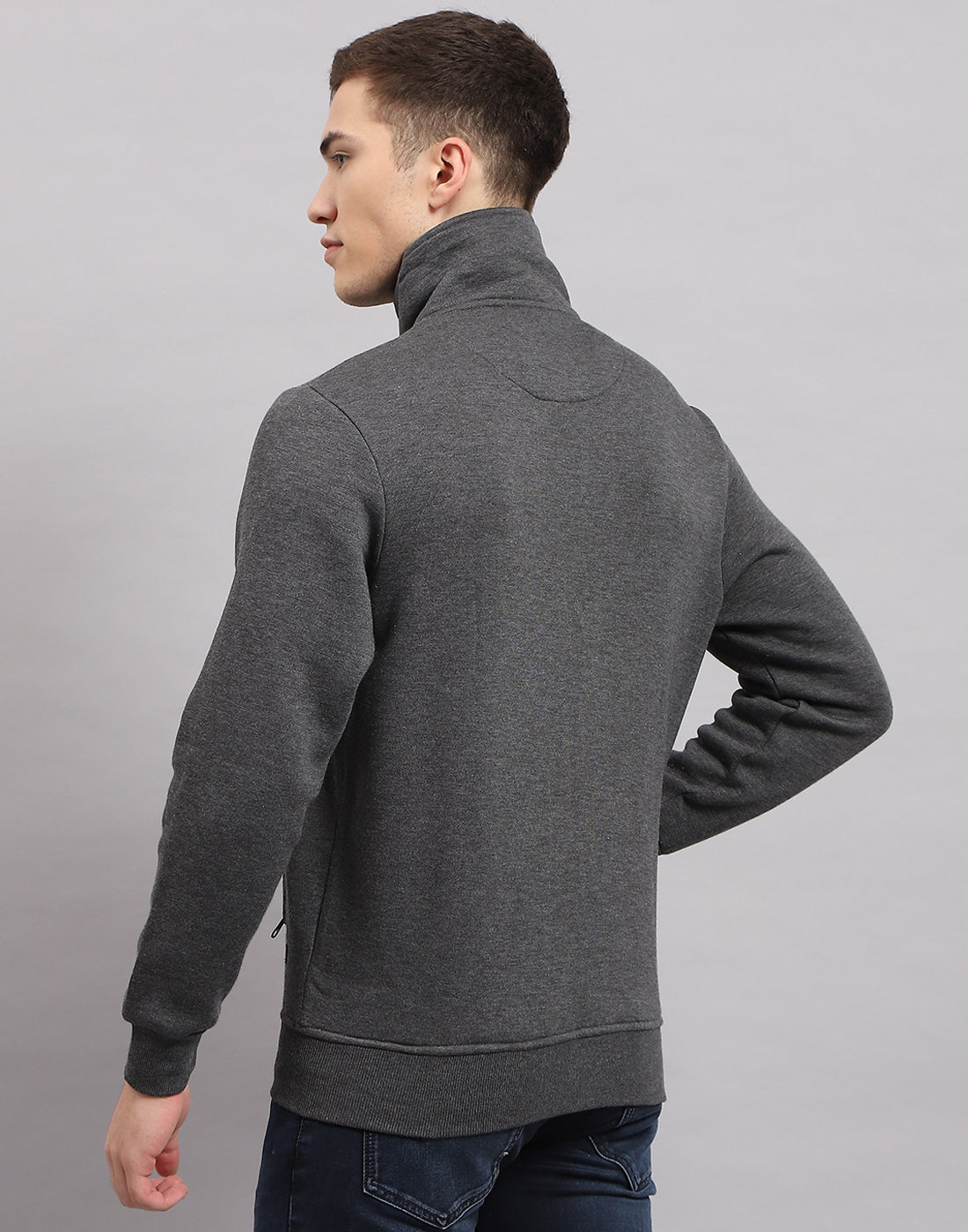 Men Grey Solid High Neck Full Sleeve Sweatshirt