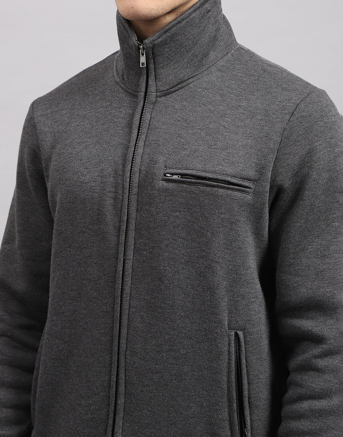 Men Grey Solid High Neck Full Sleeve Sweatshirt