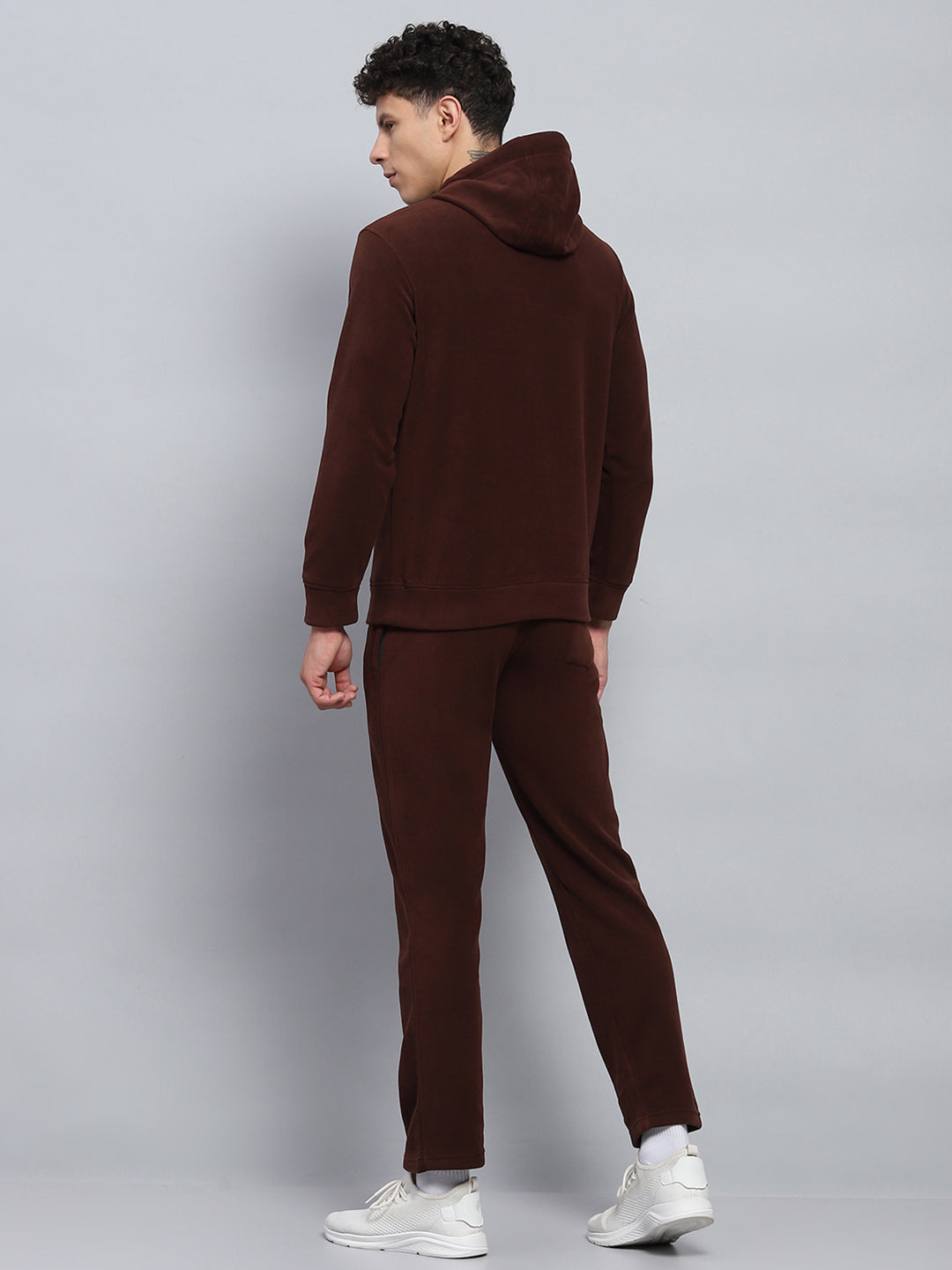 Men Brown Solid Hooded Full Sleeve Winter Tracksuit