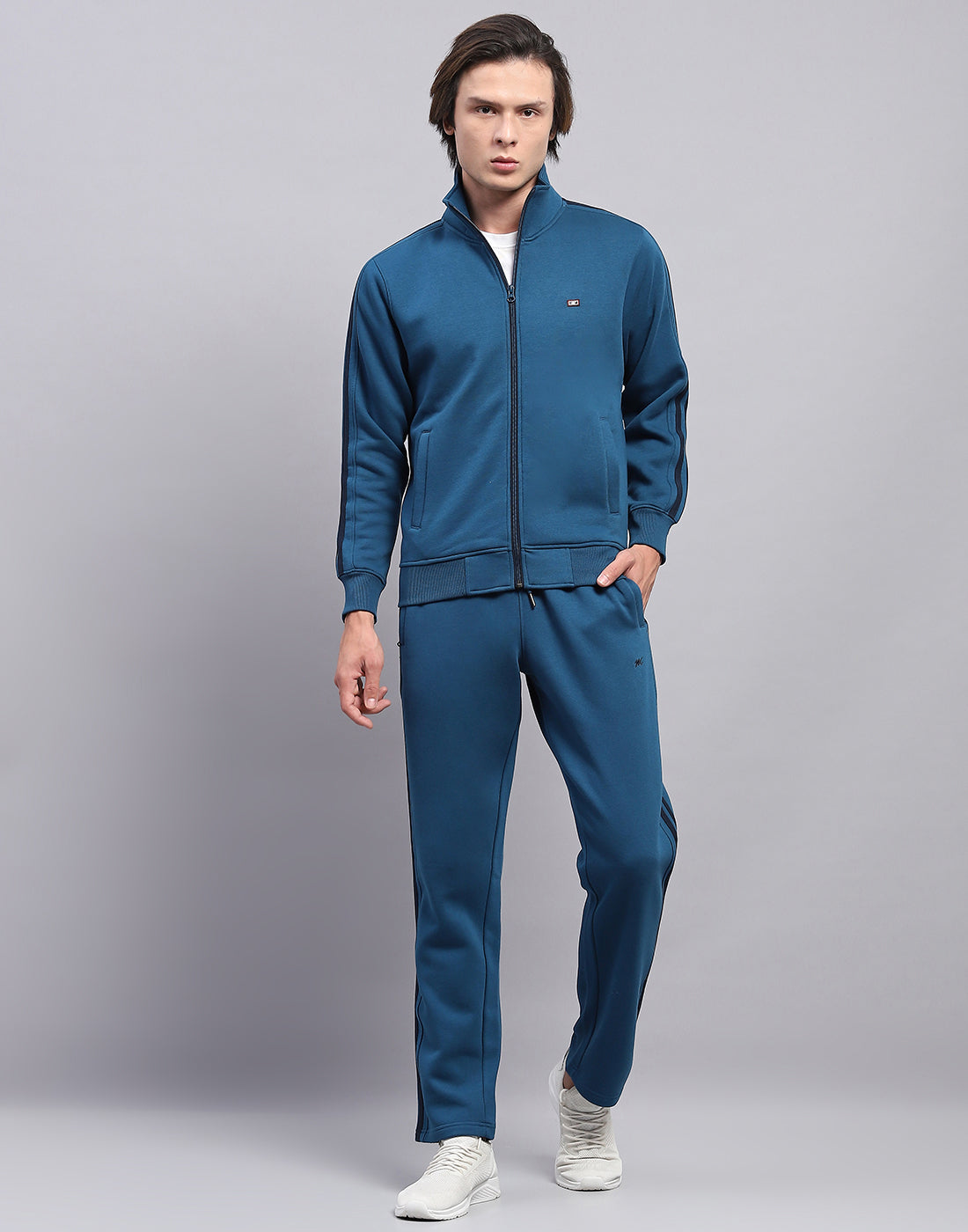 Men Blue Solid Mock Neck Full Sleeve Winter Tracksuit