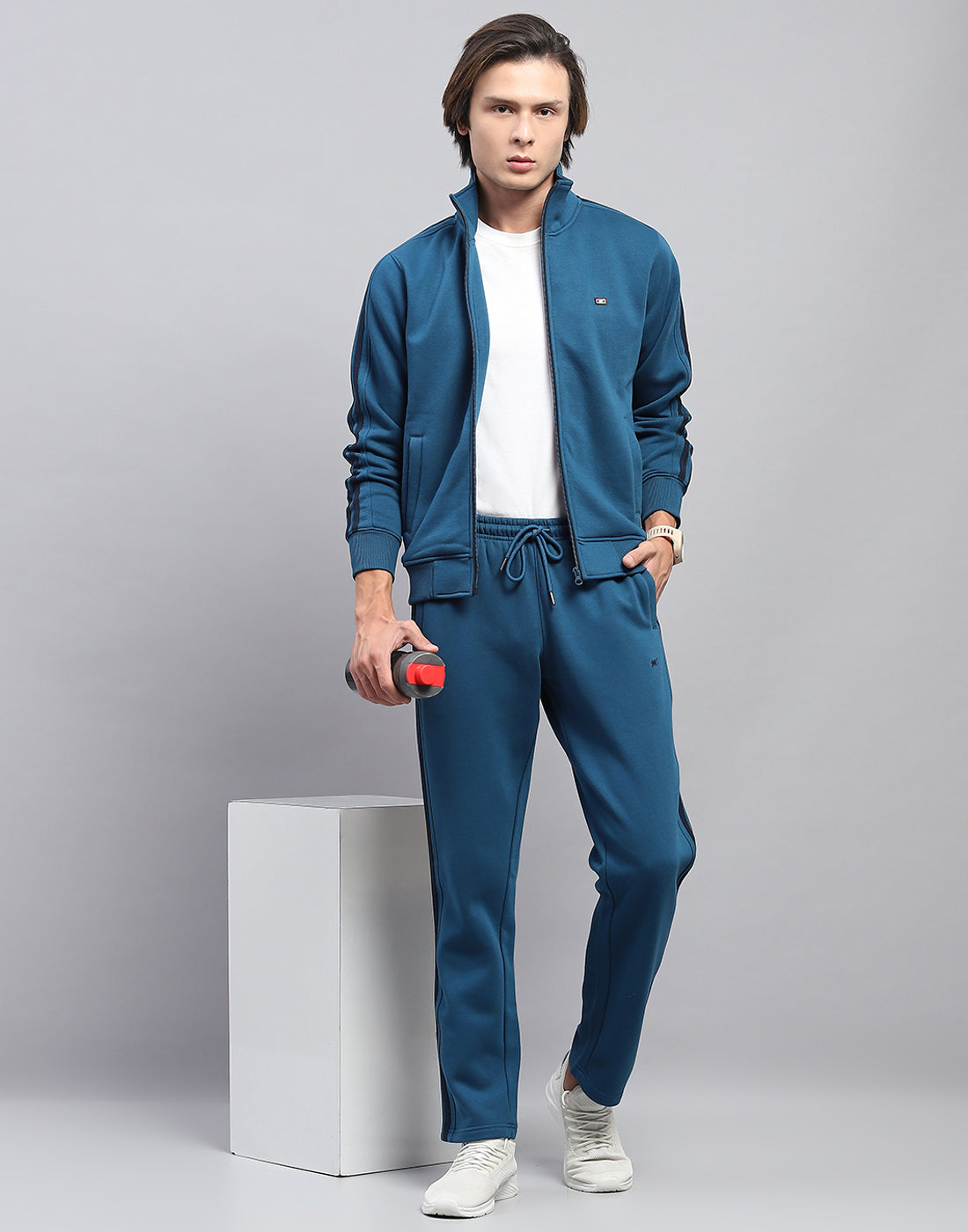 Men Blue Solid Mock Neck Full Sleeve Winter Tracksuit