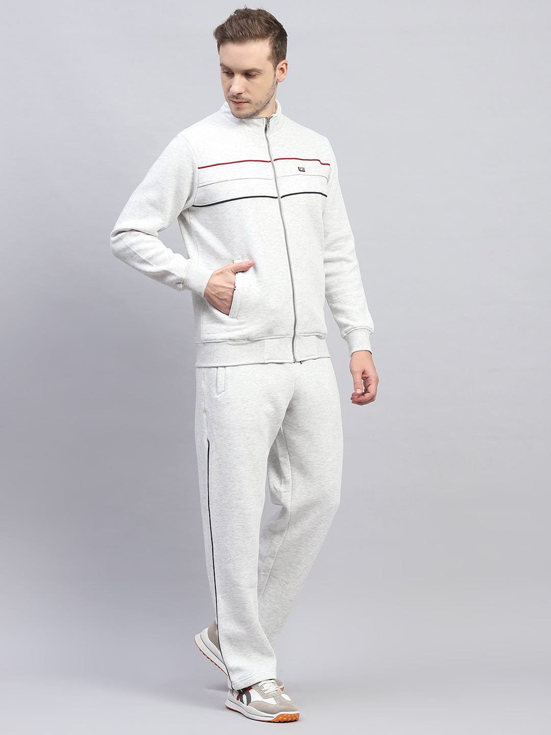 Men Grey Solid Mock Neck Full Sleeve Winter Tracksuit