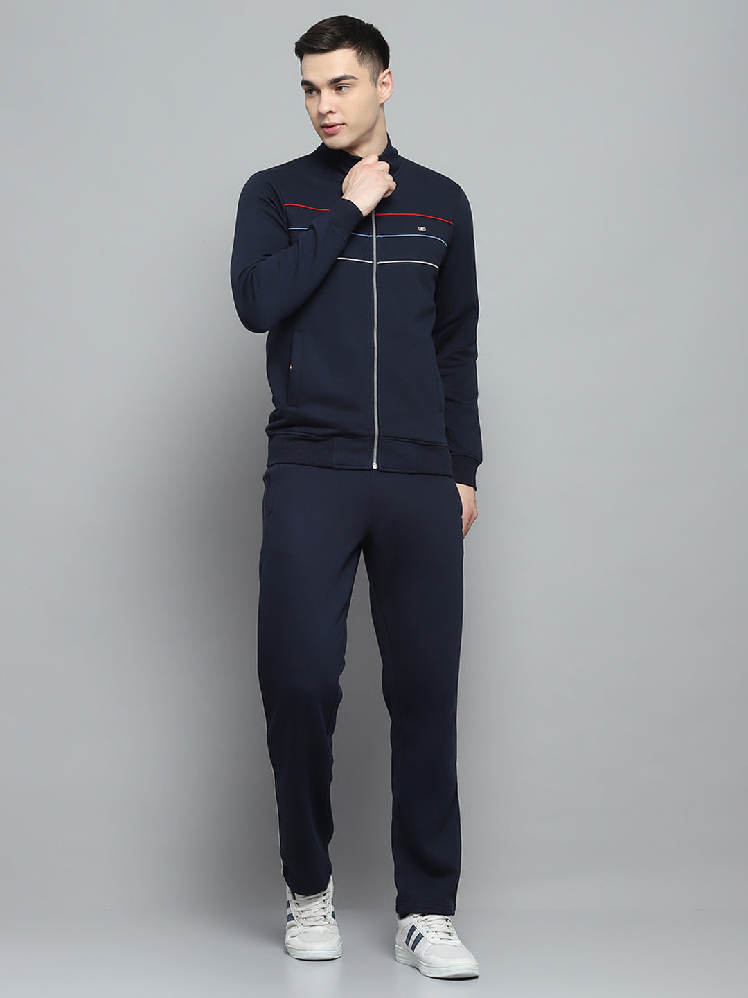 Men Navy Blue Solid Mock Neck Full Sleeve Winter Tracksuit