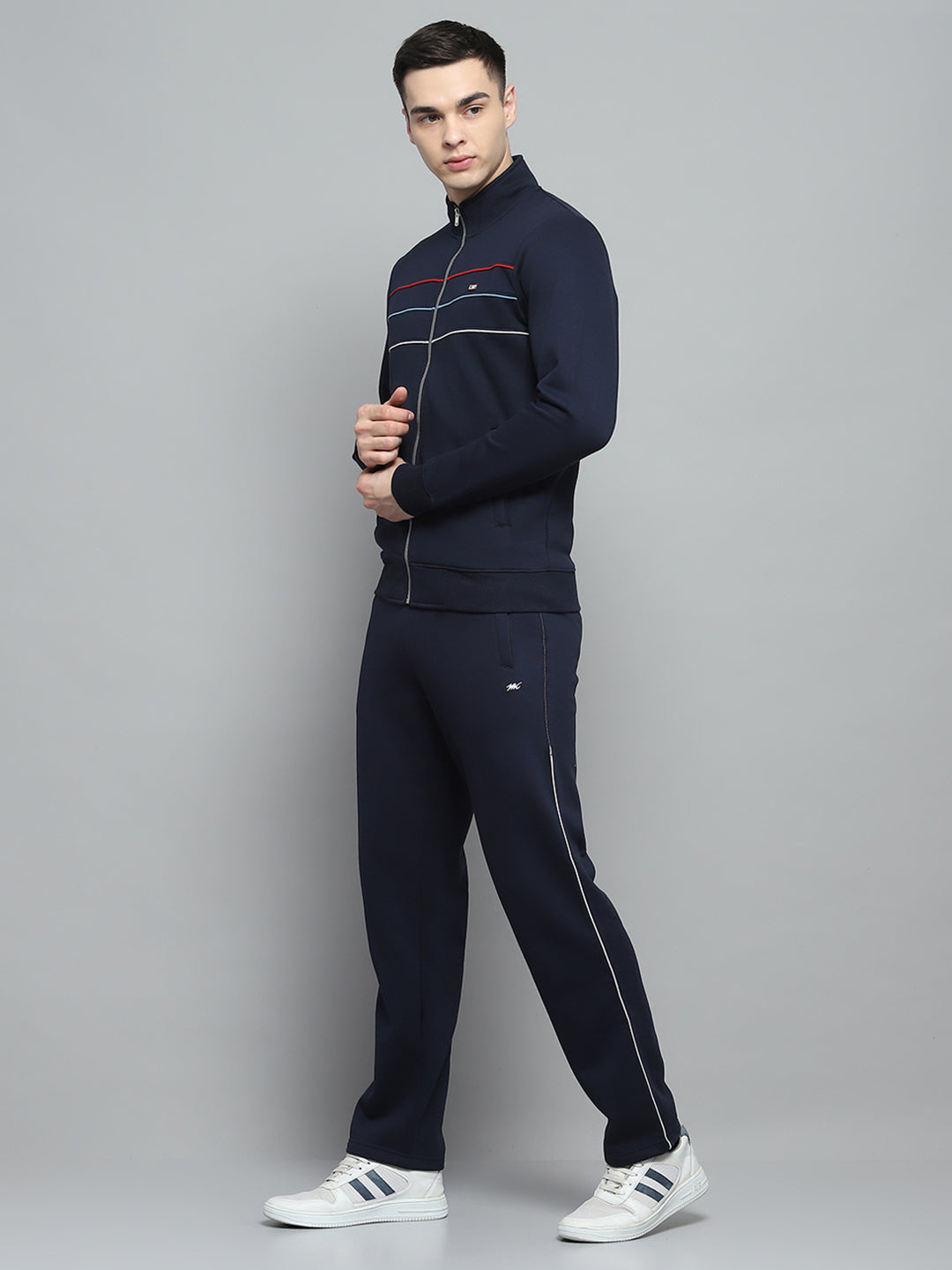 Men Navy Blue Solid Mock Neck Full Sleeve Winter Tracksuit