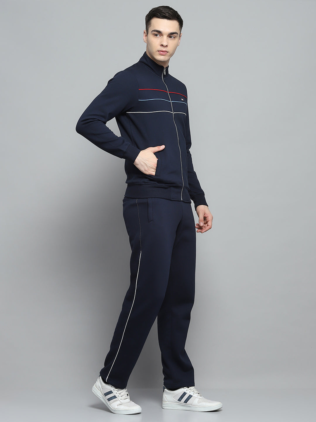 Men Navy Blue Solid Mock Neck Full Sleeve Winter Tracksuit