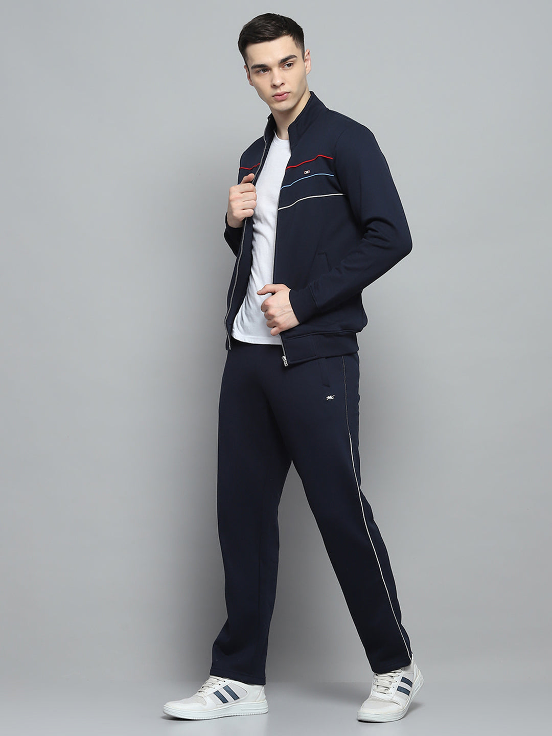 Men Navy Blue Solid Mock Neck Full Sleeve Winter Tracksuit