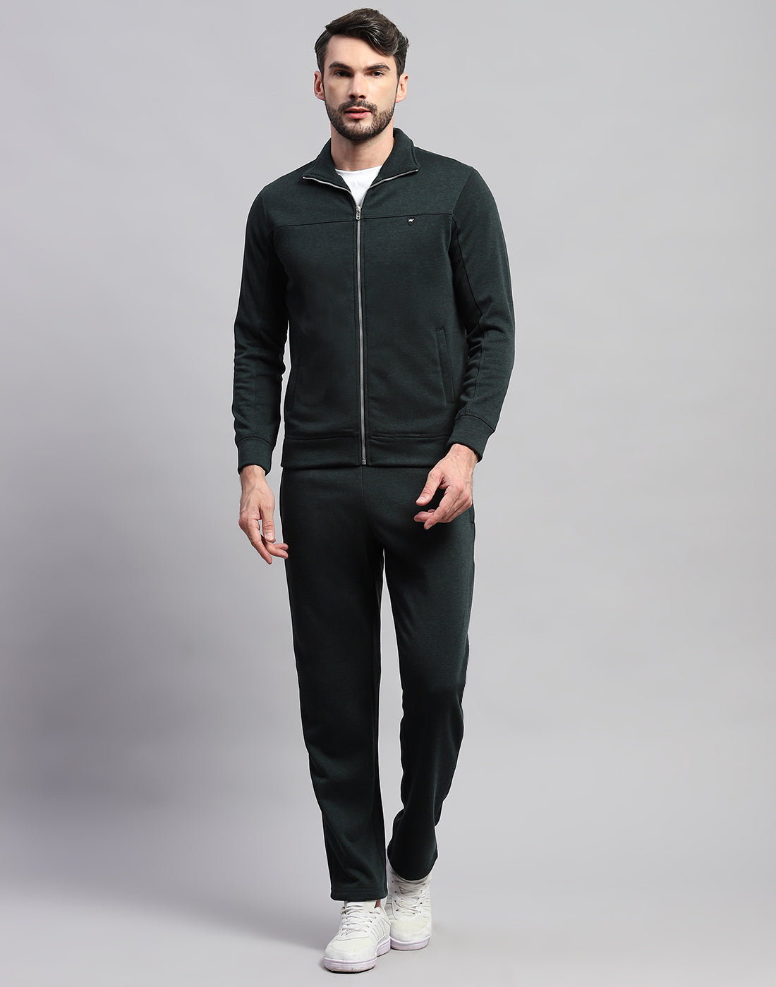 Men Green Solid Band Collar Full Sleeve Winter Tracksuit