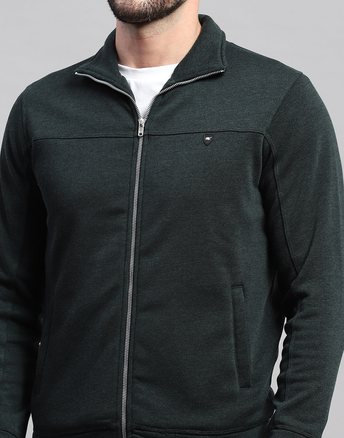 Men Green Solid Band Collar Full Sleeve Winter Tracksuit