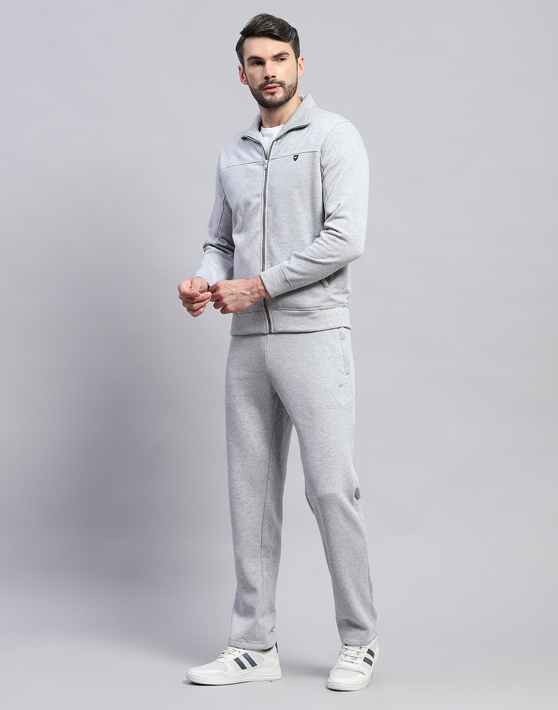 Men Grey Solid Band Collar Full Sleeve Winter Tracksuit