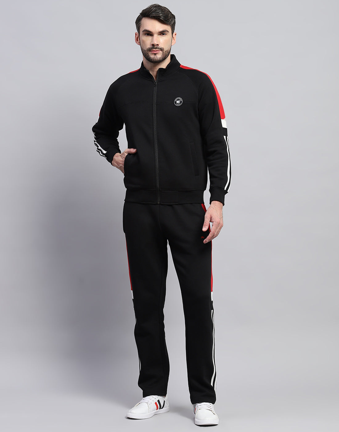 Men Black Solid Band Collar Full Sleeve Winter Tracksuit