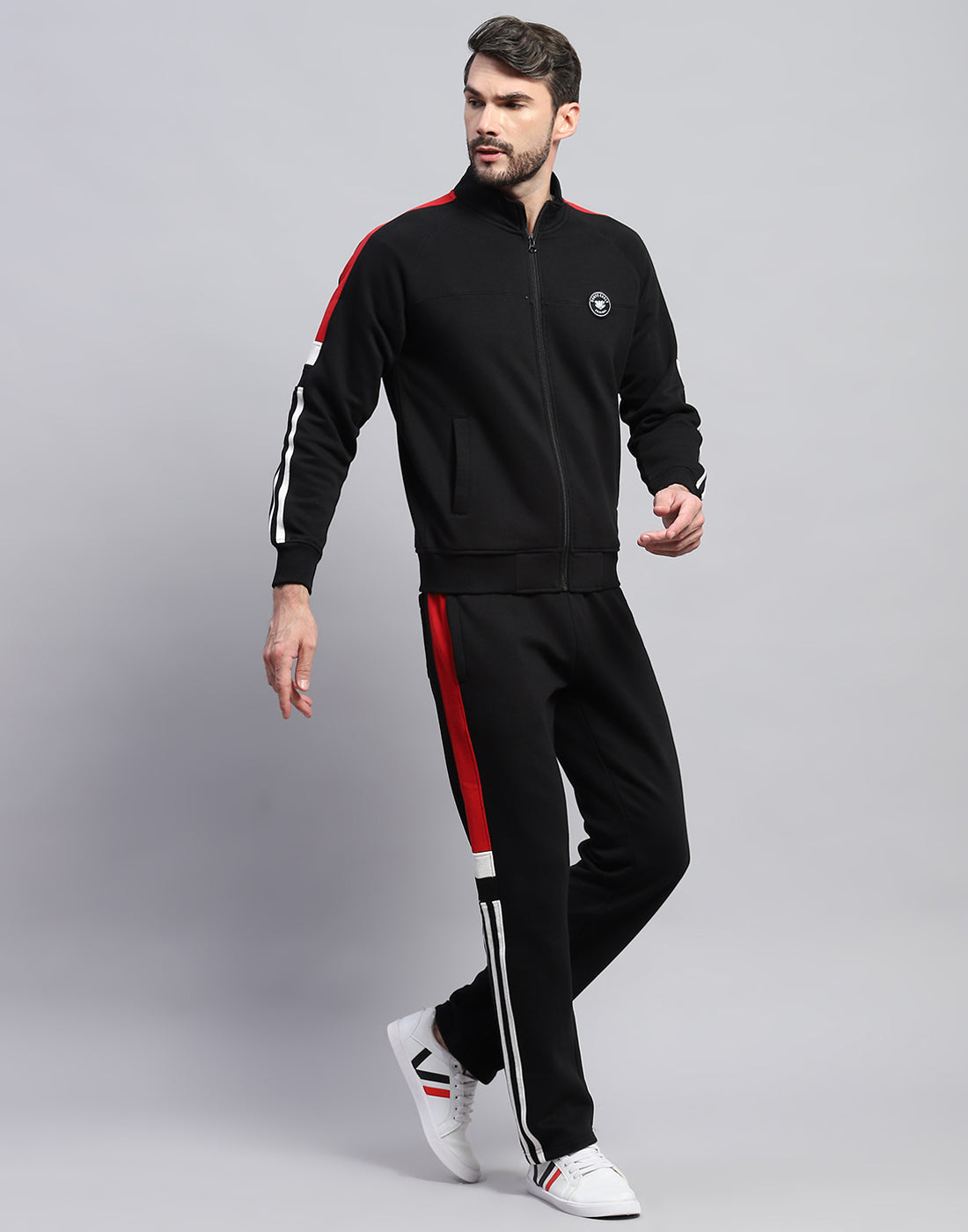 Men Black Solid Band Collar Full Sleeve Winter Tracksuit