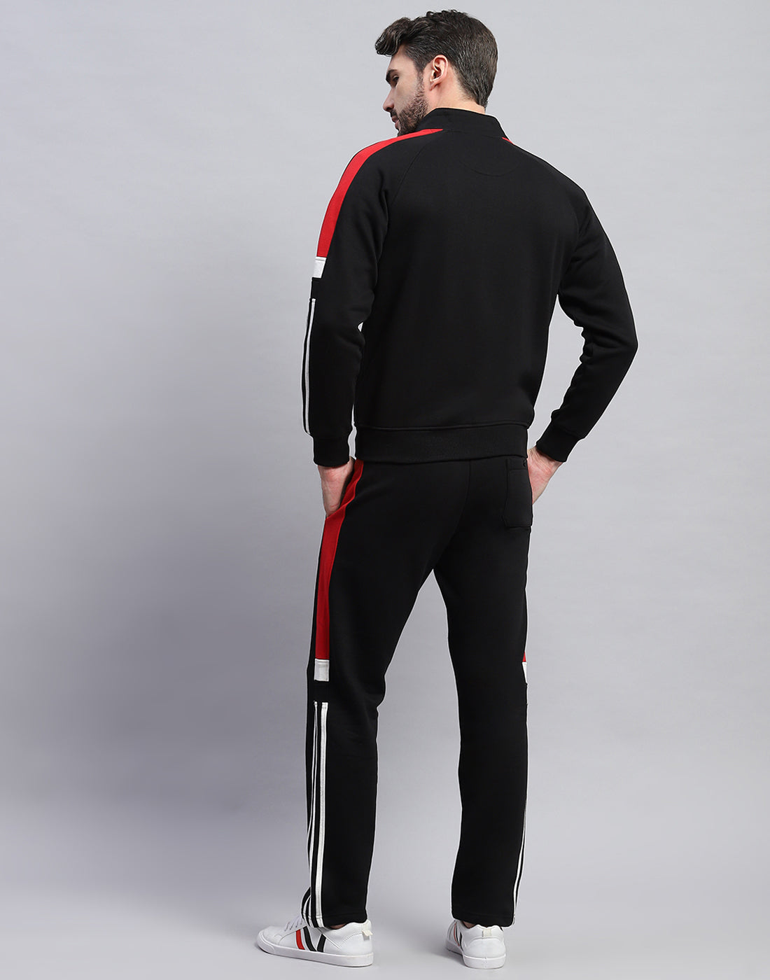 Men Black Solid Band Collar Full Sleeve Winter Tracksuit