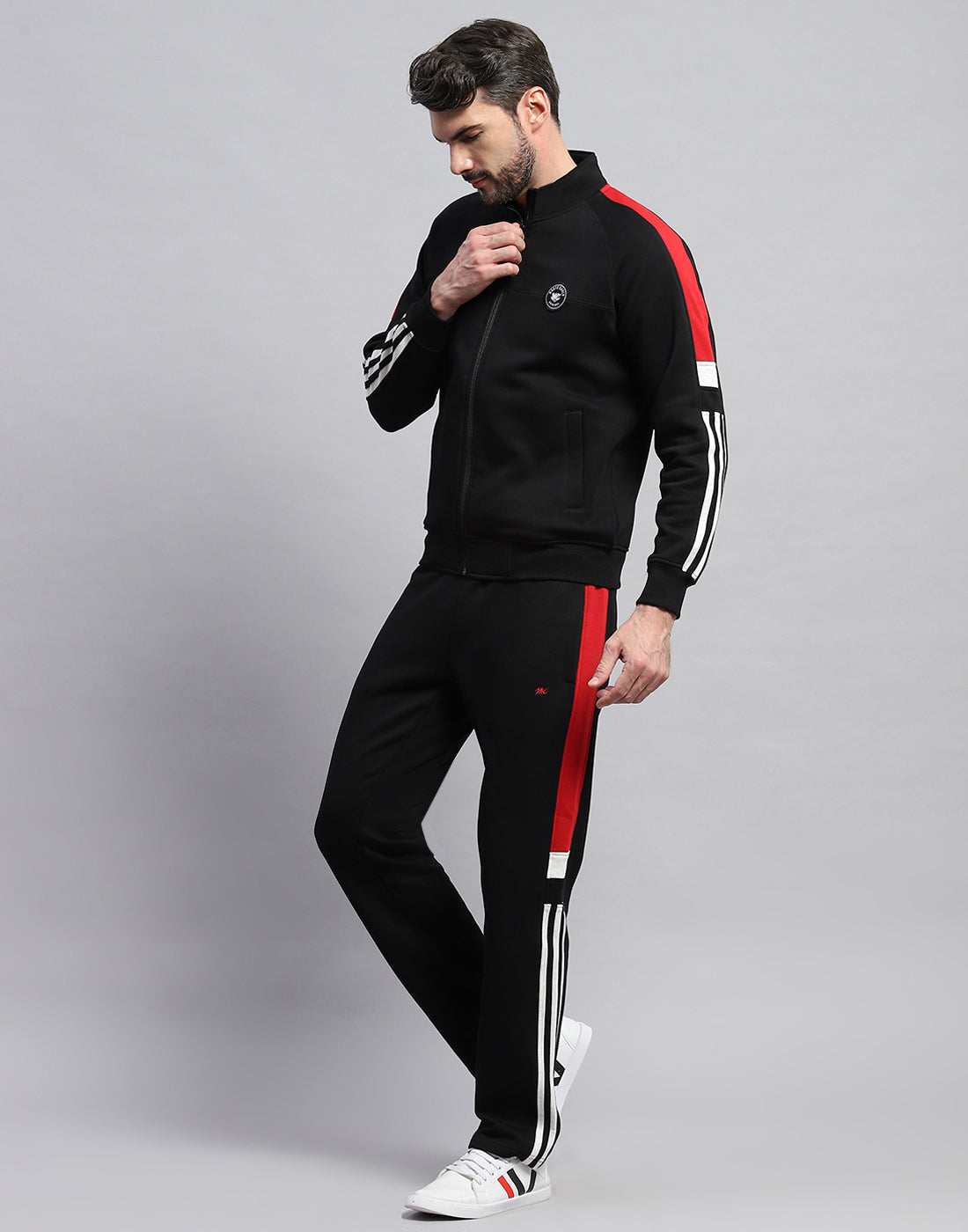 Men Black Solid Band Collar Full Sleeve Winter Tracksuit