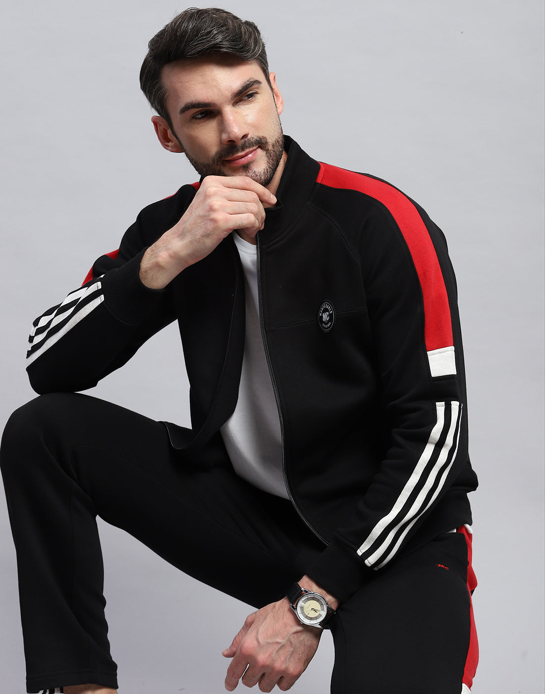 Men Black Solid Band Collar Full Sleeve Winter Tracksuit