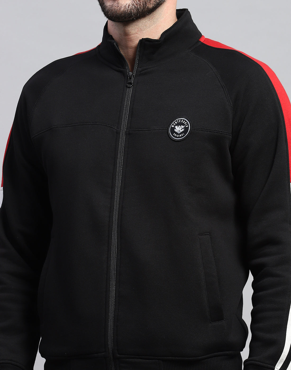 Men Black Solid Band Collar Full Sleeve Winter Tracksuit